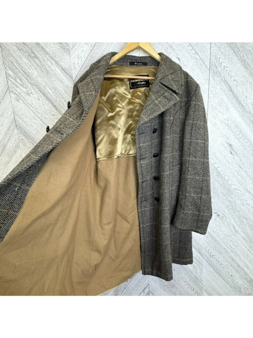 VTG 60s Croydon Promenade Tweed Wool Overcoat Mens L Double Breasted Windowpane